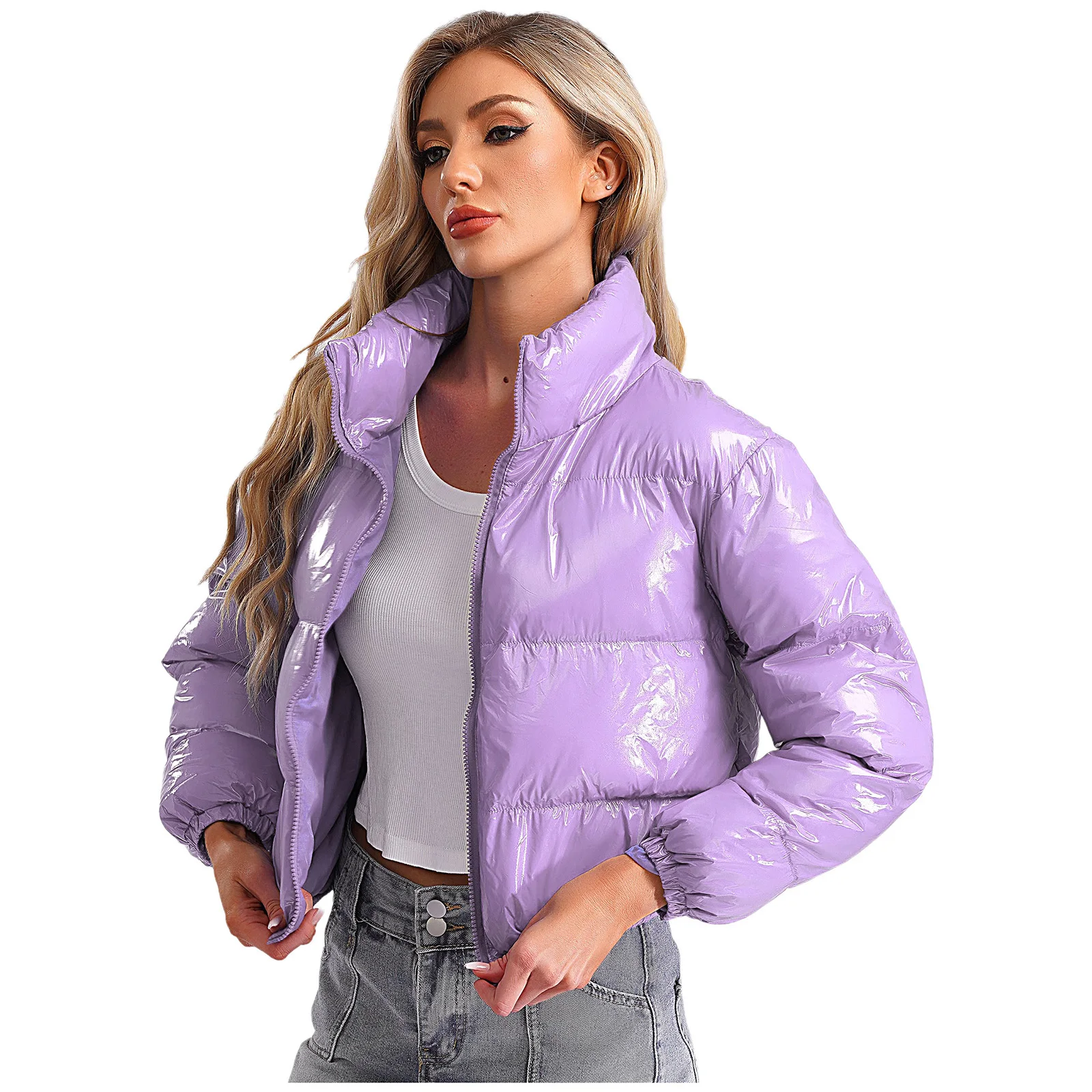 Women's Metallic Glossy Puffy Padded Jacket Quilted Outerwear Coat with Zipper Winter Stand Collar Outdoor Streetwear Women's Metallic Glossy Puffy Padded Jacket Quilted Outerwear Coat with Zipper Winter Stand Collar Outdoor Streetwear