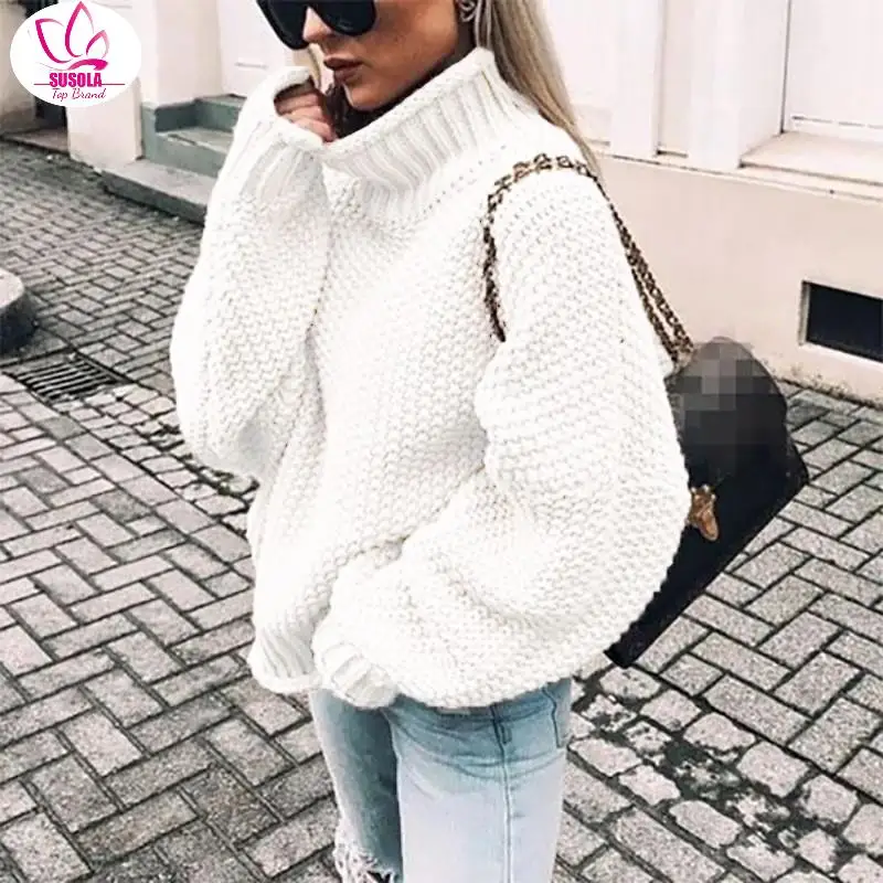 

SUSOLA Knitted White Turtleneck Sweater Women Autumn Winter Solid Batwing Sleeve Fluffy Sweater Jumper Ladies Knitwear