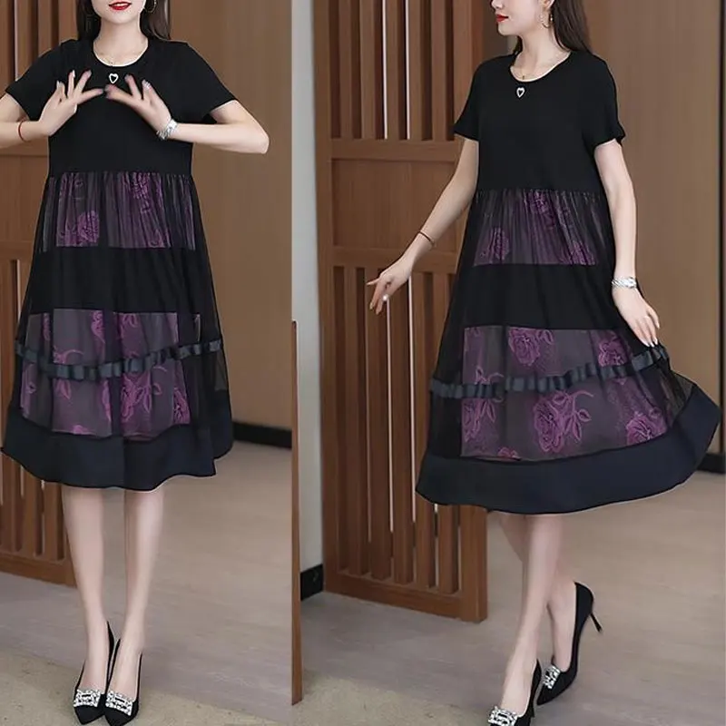 Stylish Gauze Printed Spliced Midi Dress Summer New Casual Round Neck Women's Clothing Elegant A-Line Waist Short Sleeve Dresses
Stylish Gauze Printed Spliced Midi Dress Summer New Casual Round Neck Women's Clothing Elegant A-Line Waist Short Sleeve Dresses