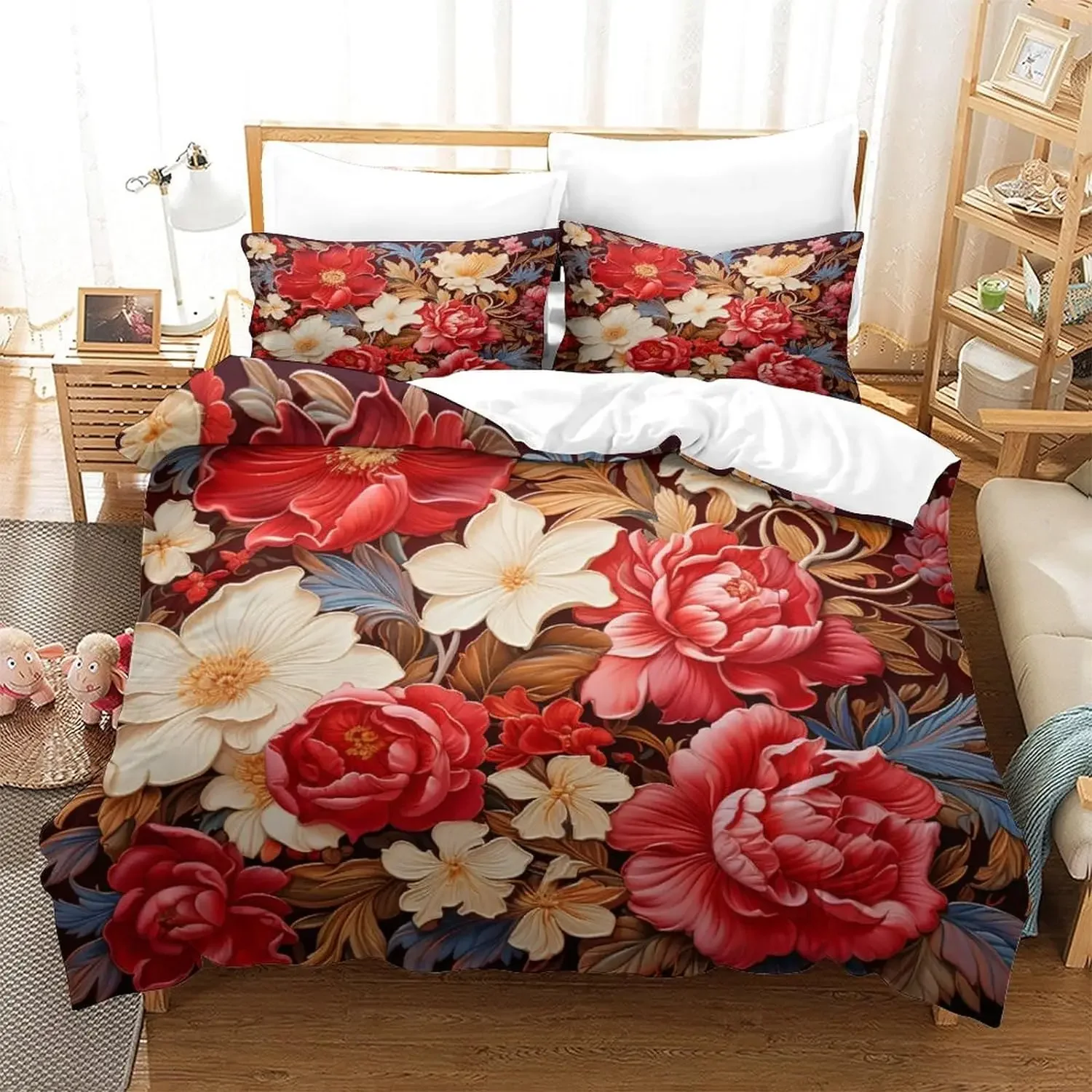 

Peony Floral Duvet Cover Luxury Flower Leaves Bedding Set Garden Spring Blossom Comforter Cover Microfiber Botanical Quilt Cover