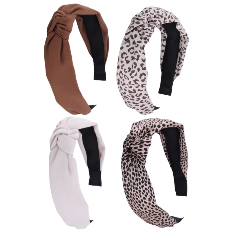 

Set of 4 Knotted Headband for Women Aesthetic Wide Hairhoop Casual Wear Headband with Leopard Print Elegant Hairband