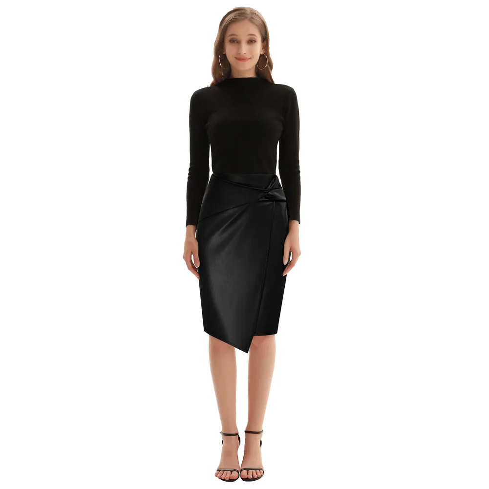 

KK Women PU Leather Pencil Skirt Knee Length Knot-Front Hips-Wrapped Skirt Office Formal Pencil Skirt Spring Summer Elegant Wear