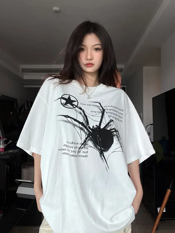Pure cotton washed distressed loose half sleeved women t shirt hiphop street spider print Korean style short sleeved top T-shirt
Pure cotton washed distressed loose half sleeved women t shirt hiphop street spider print Korean style short sleeved top T-shirt