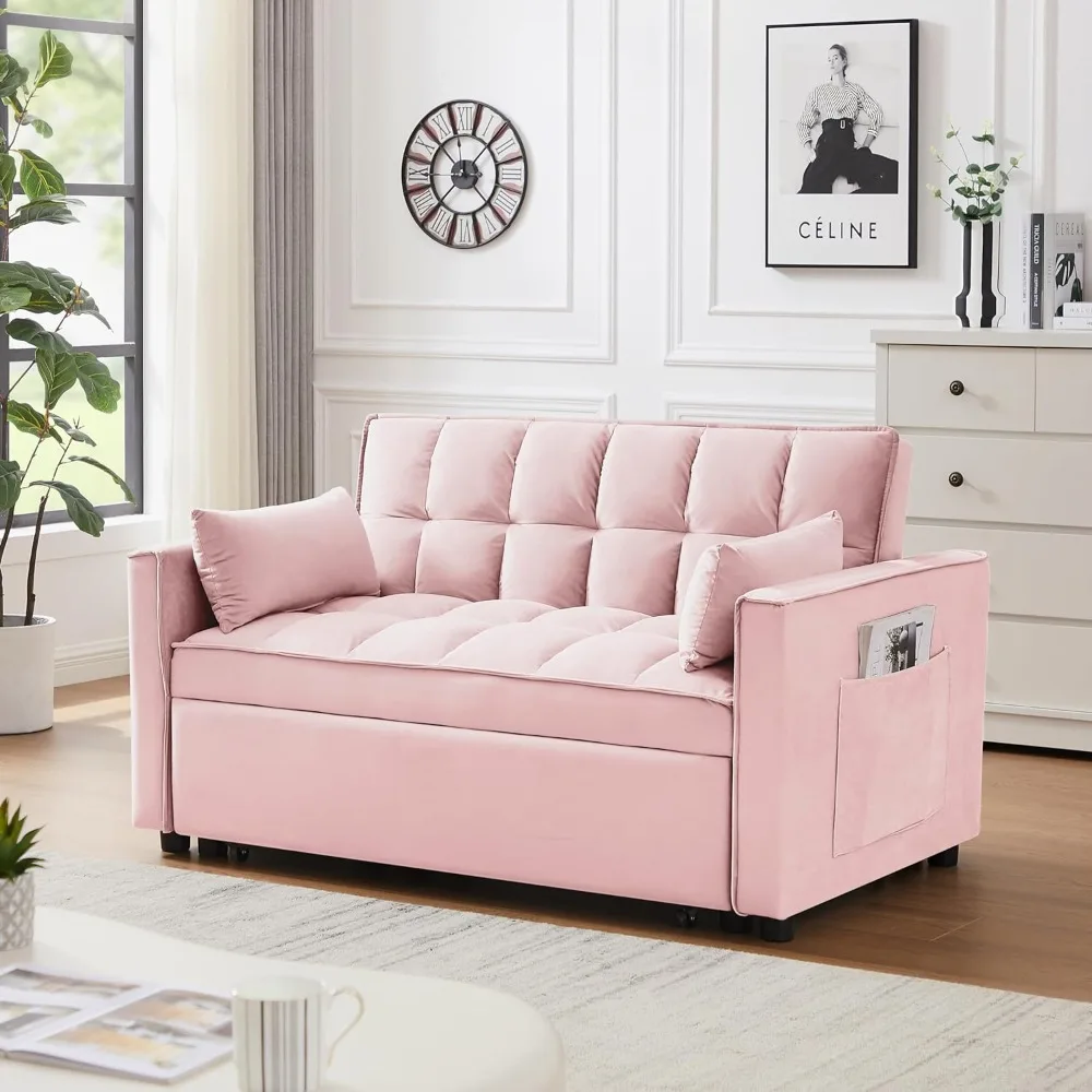 

55.2" LoveSeat, Velvet Lounge Futon Chaise, Reversible Bed & Pockets & Toss Pillows, 2-seat Fabric Convertible, Pull Out Couch