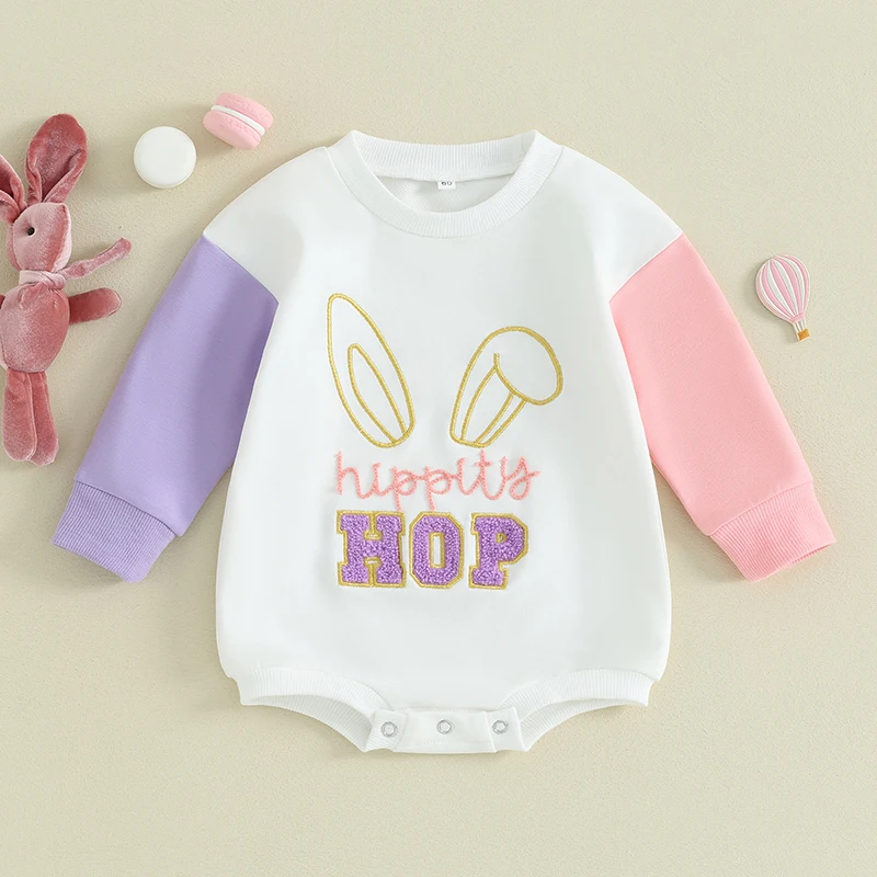 

2024-01-17 Lioraitiin 0-18M Baby Girl Easter Clothes Long Sleeve Sweatshirt Romper Bunny Ear Embroidery Jumpsuit Infant Outfit