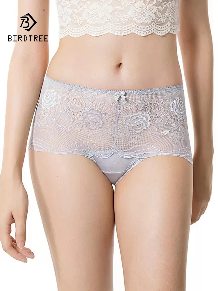 

BirdTree 100%Real Silk Sexy Lace Briefs, Women Middle Waisted Breathable, Solid Traceless Wrap Underwear, 2024 Summer P42155QC