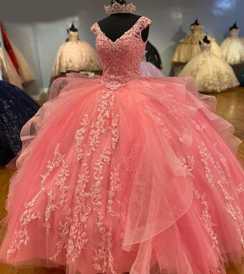 

ANGELSBRIDEP Watermelon Quinceanera Dress Puffy Lace Appliqued Beaded Ruffle Bow Sweet 16 Dress Vestidos De Xv Años Ball Gowns