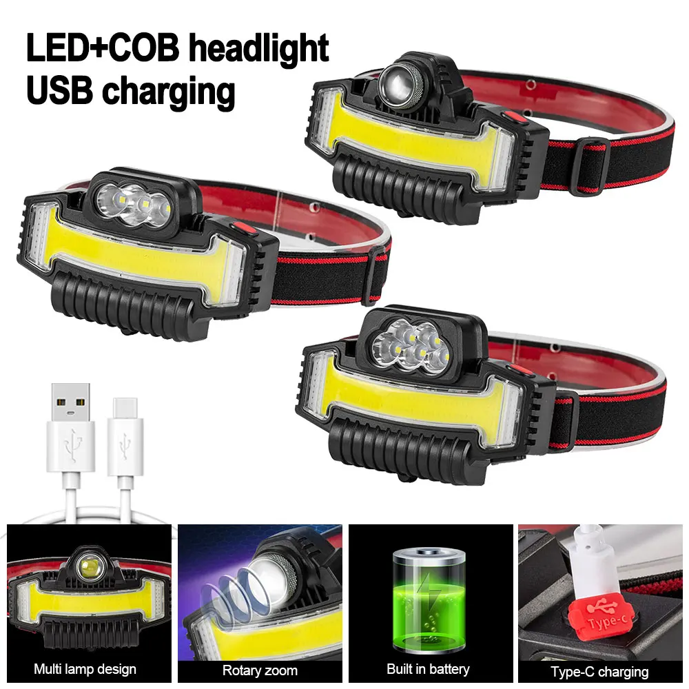 

Portable Mini 5LED+COB Zoomable Headlamp USB Rechargeable Red&Blue Light Portable Camping Hiking Lighting Built in Battery Torch