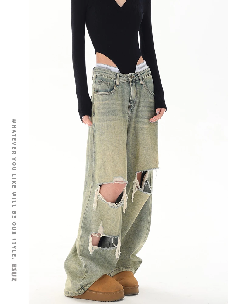 

Women's Ripped Jeans Baggy Vintage Aesthetic Streetwear Cowboy Pants Harajuku Oversize Denim Trousers Y2k 2000s Trashy Clothes