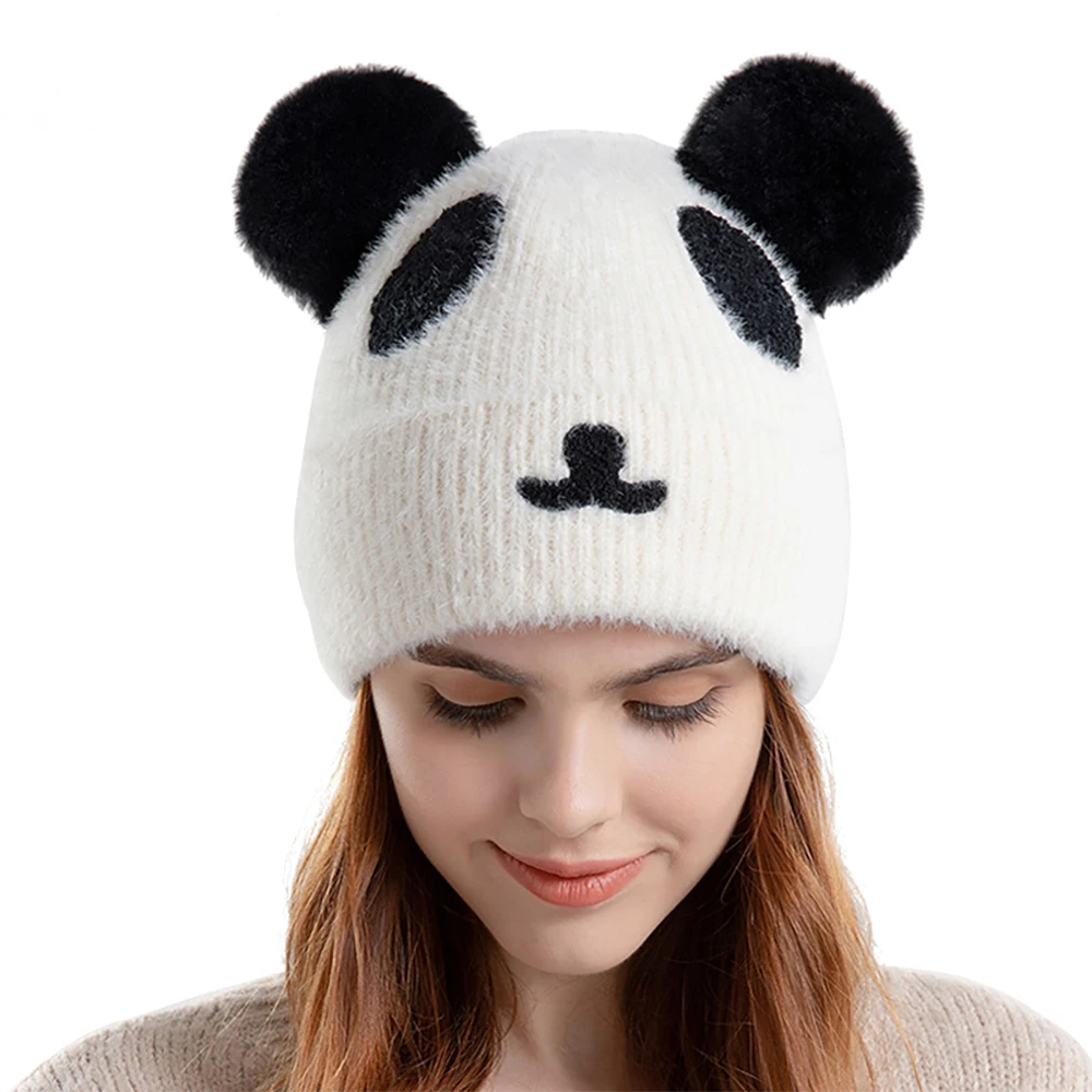 

Women Autumn Winter Fleece Lining Furry Beanie Cute Panda Design Skullcap Girls Soft Keep Warm Woolen Yarn Knitted Cap Drop Ship