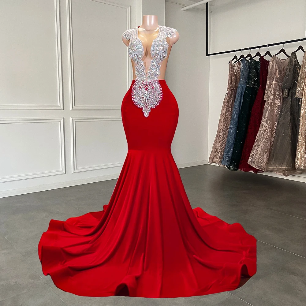 Elegant Sheer Scoop Neckline Luxury Sparkly Silver Handmade Diamond Red Spandex Black Girl Mermaid Long Prom Dresses 2023
Elegant Sheer Scoop Neckline Luxury Sparkly Silver Handmade Diamond Red Spandex Black Girl Mermaid Long Prom Dresses 2023