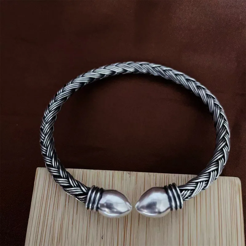 

New S999 sterling silver handmade woven open hand unisex trendy and personalized retro versatile fashion jewelry gift