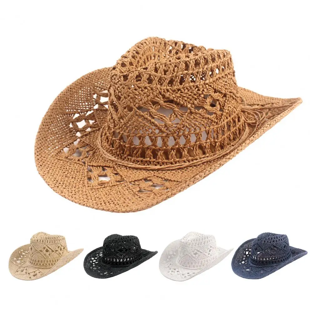 

Unisex Western Sunshade Cap Cowboy Hat Classic Vintage Hollow Out Women Men Curled Edge Wide Brim Men Sun Hat Fishing Hat