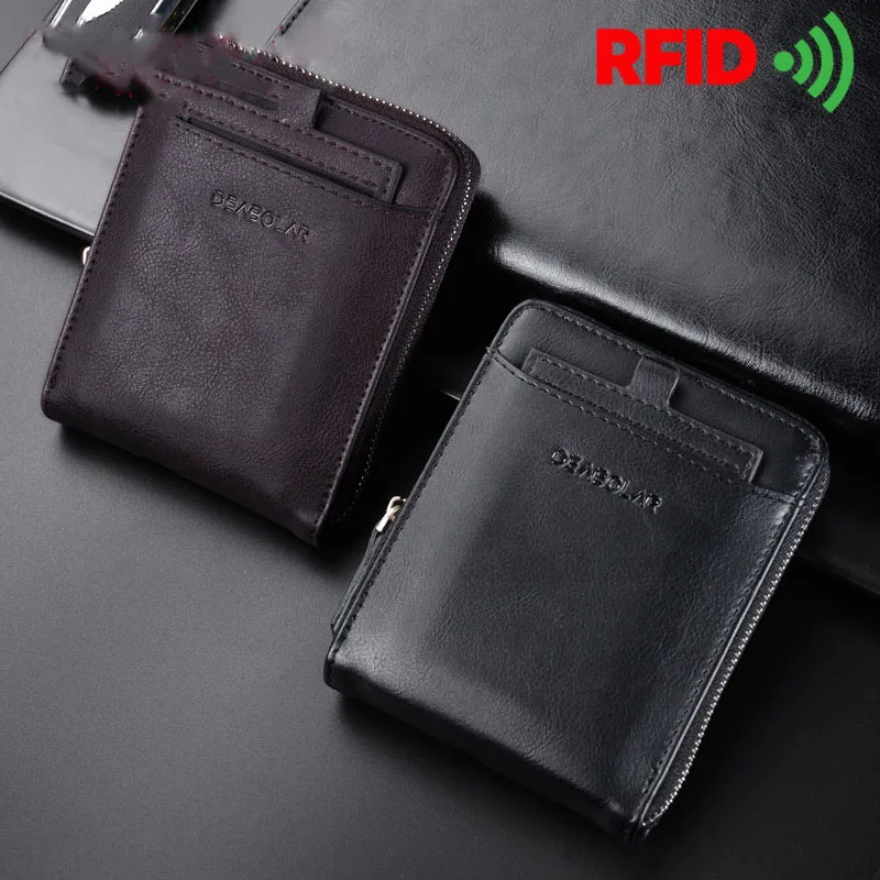 

Men's Short PU Wallet Retro Draw Card Zipper Card Holder RFID Coin purses gentleman money clip High capacity