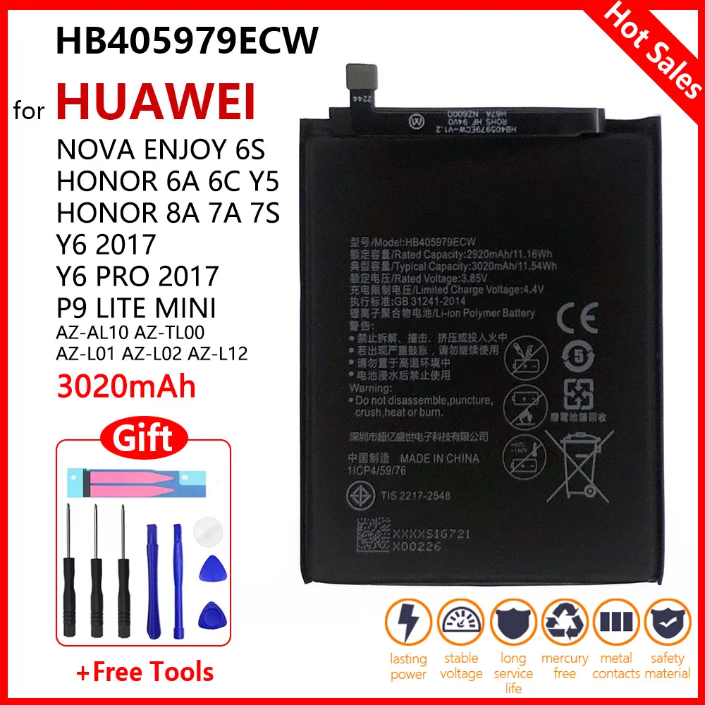 HB405979ECW 3020mAh Battery For Huawei Nova Enjoy 6S Honor 6C Y5 2017 P9 lite mini AZ-AL10 TL00 L01 L02 L12 8A/8S Mobile Bateria
HB405979ECW 3020mAh Battery For Huawei Nova Enjoy 6S Honor 6C Y5 2017 P9 lite mini AZ-AL10 TL00 L01 L02 L12 8A/8S Mobile Bateria