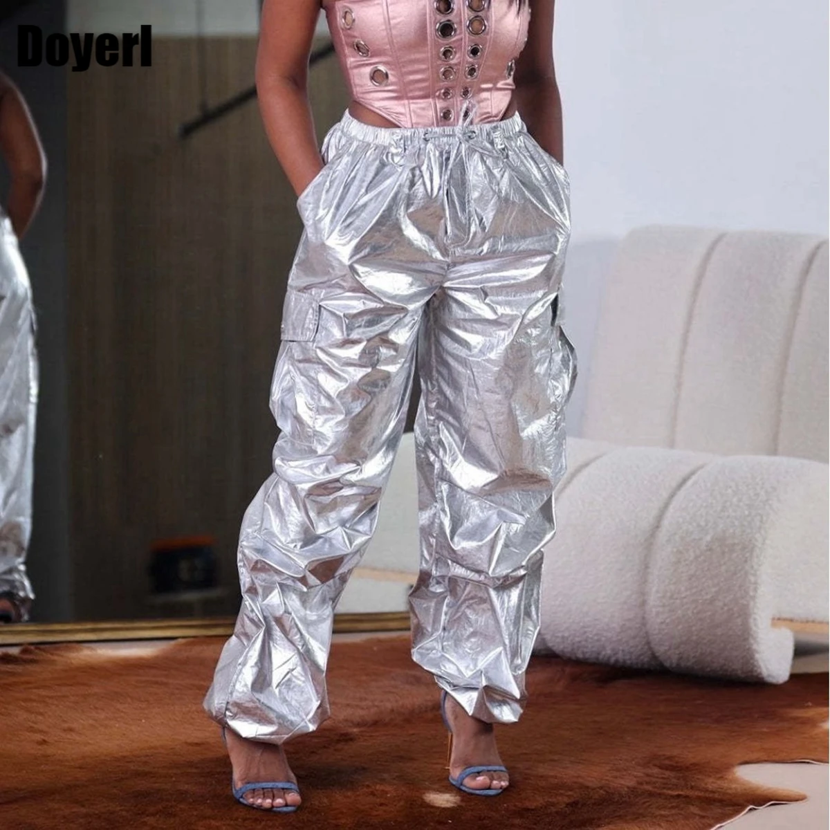 

Silver Metallic Cargo Pants Women Drawstring High Waist Casual Jogger Sweatpant Pockets Trousers Streetwear Long Baggy Pants Y2K