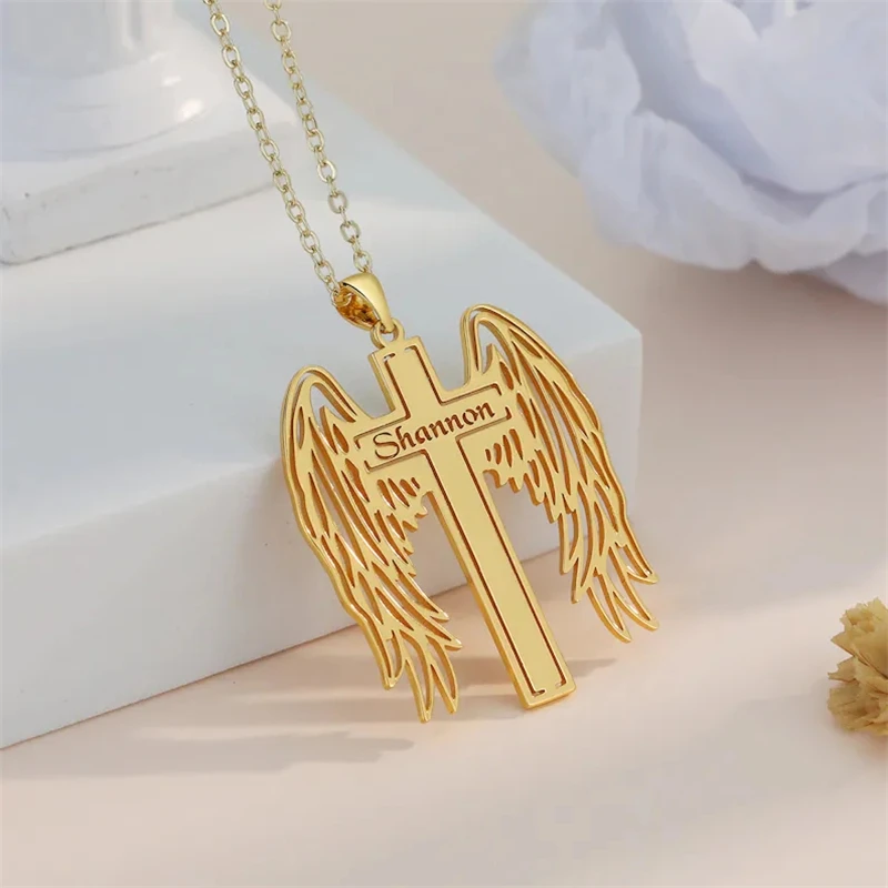 

Custom Angel Wing Cross Name Necklace for Women Gold Memorial Jewelry Name Necklace With Angel Wings Personalized Jewelry