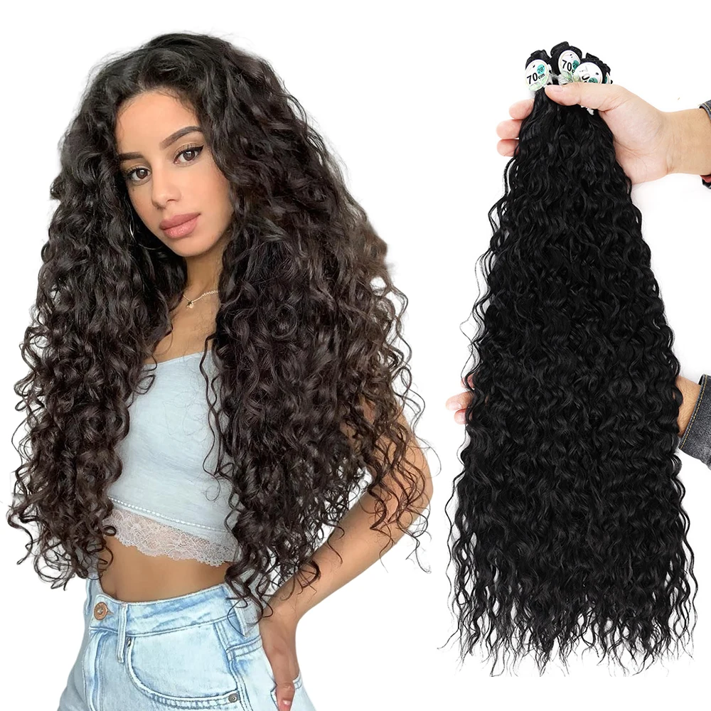

32Inch Afro Kinky Curly Hair Extension Synthetic Organic Fake Bundles Fiber Fluffy Ombre 9Pcs Long Wavy For Full Head Women