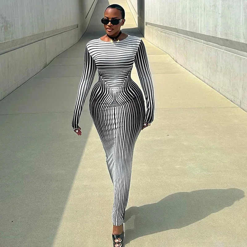 3D Print Stripe Bodycon Maxi Dress Women Autumn O-neck Full Sleeve High Waist Hips Wrapped Slim Elegant Dresses Trend Streetwear
3D Print Stripe Bodycon Maxi Dress Women Autumn O-neck Full Sleeve High Waist Hips Wrapped Slim Elegant Dresses Trend Streetwear
