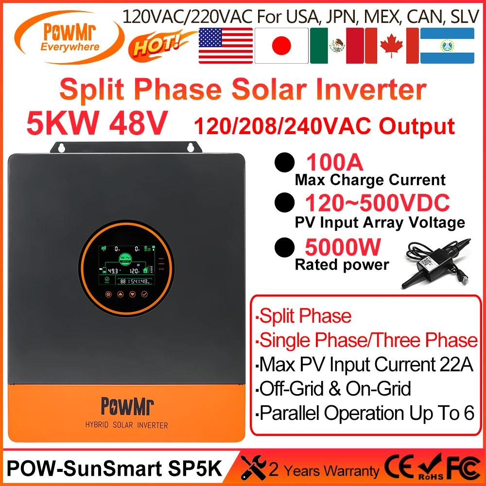 

PowMr Split Phase 5000W 48V Hybrid Solar Inverter 120/208/240V AC Output With MPPT 100A Controller Support Parallel and On-grid