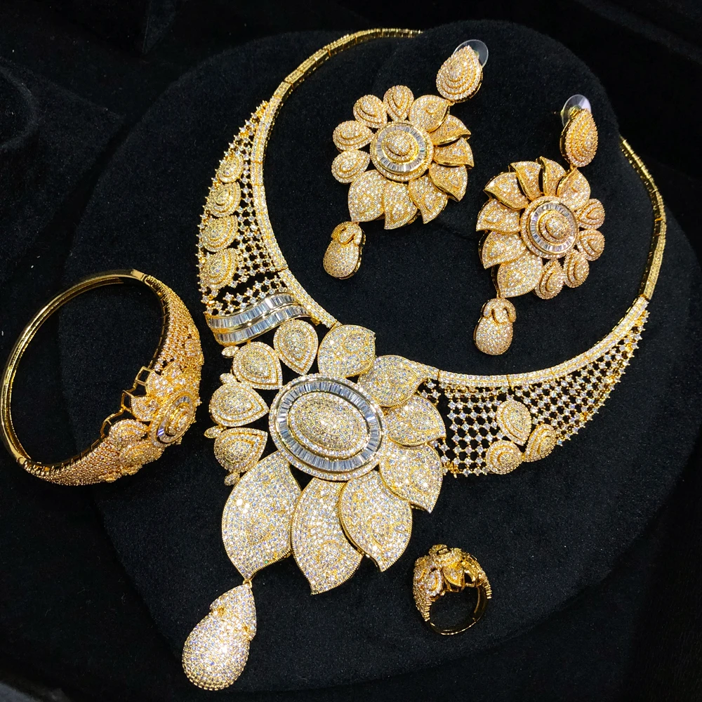 

Missvikki Super Luxury Big Flower Leaf Necklace Earring Bangle Ring Jewelry Set Women Wedding Cubic Zirconia New Famous Brand