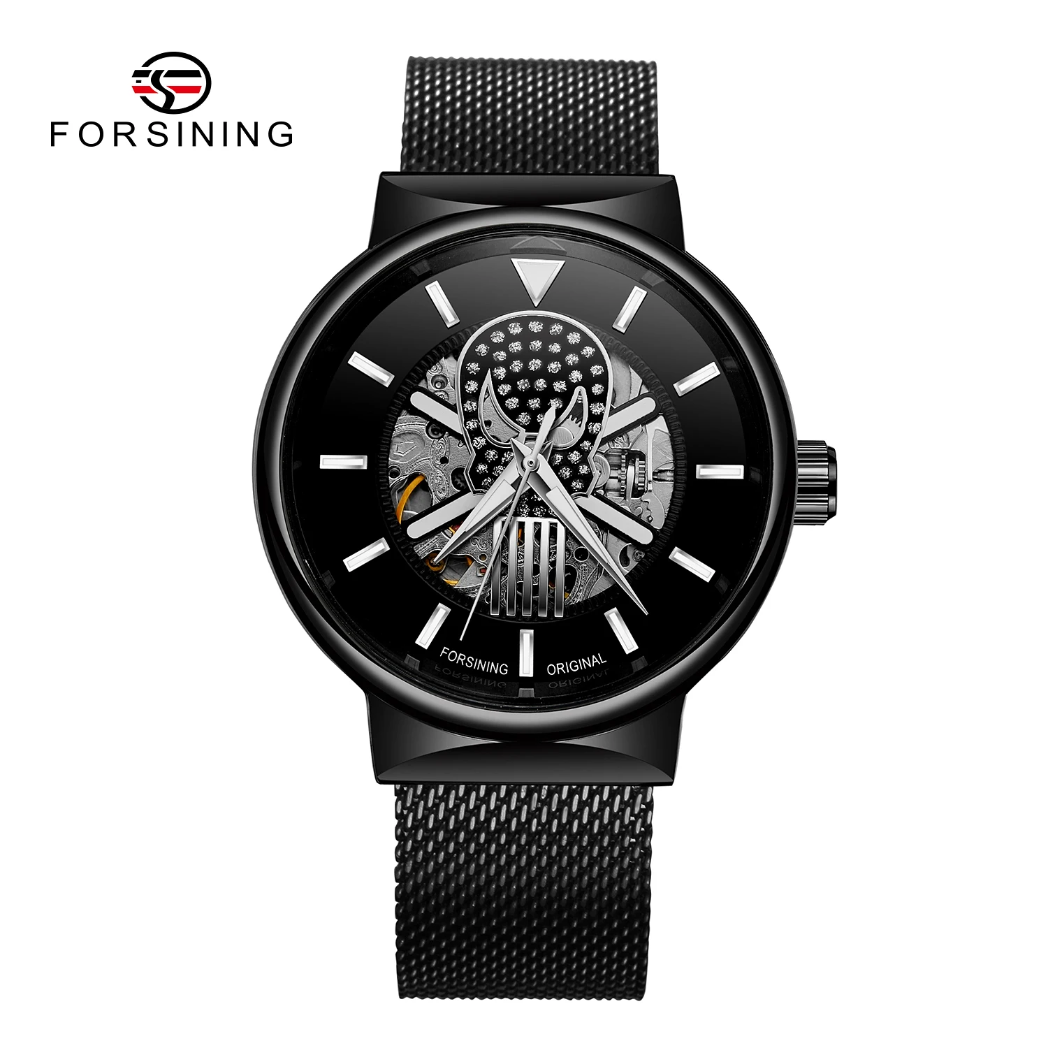 

Forsining Skull Mechanical Watches Engraved Movement Luminous Hands Mesh Stainless Steel Band Black Skeleton Automatic Men Watch