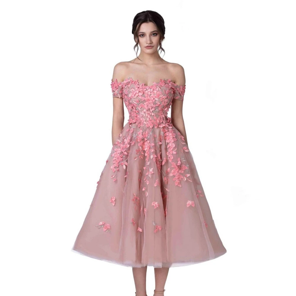 

Женское платье с открытыми плечами, розовое Цветочное платье трапециевидной формы длиной ниже колена, элегантное платье с аппликацией