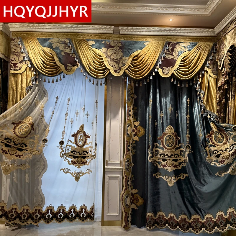 

Top Luxury Embroidered Velvet Villa Curtains for Living Room Blue High-quality Custom Valance Curtains for Bedroom Kitchen Hotel