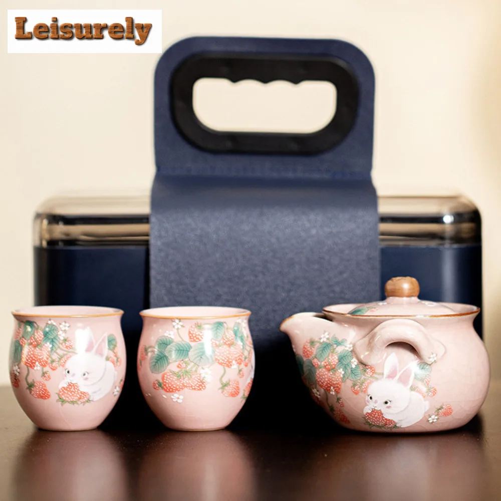 

Strawberry Rabbit Ru Kiln Porcelain Tea Set Kit Handmade 1 Pot 2 Cups Tea Making Portable Travel Tea Set Organizer Tableware