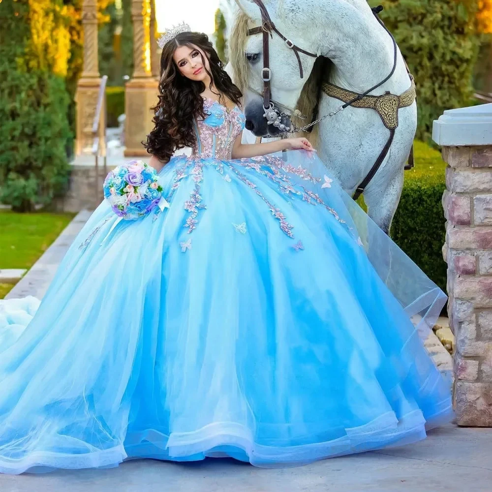 

ANGELSBRIDEP небесно-голубые платья с объемными цветами, платья с открытыми плечами, аппликацией из бисера, мексиканские девушки, милое бальное платье на день рождения 16