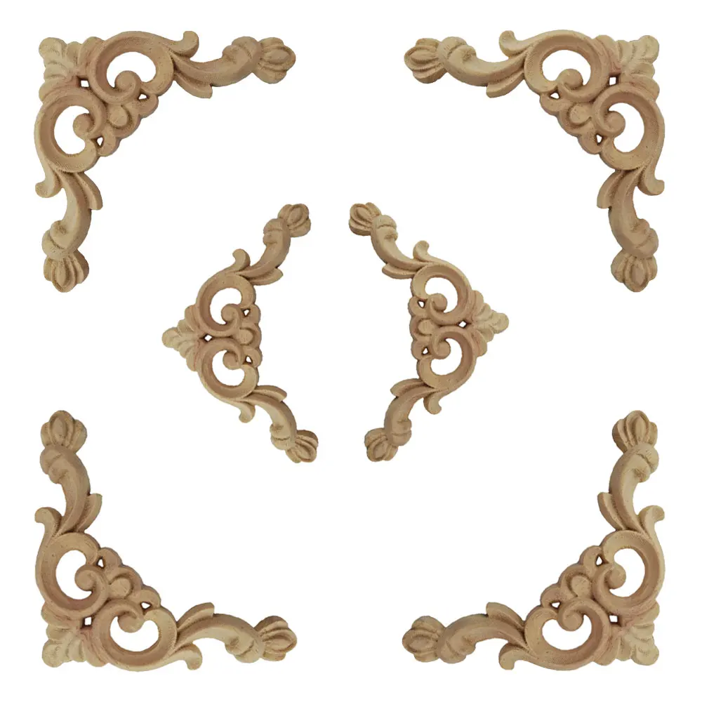 

6 Pcs Wood Carving Decal Unpainted Wood Carved Applique,Wood Carved Furniture Corner Onlay Furniture Appliques Home Door Decor