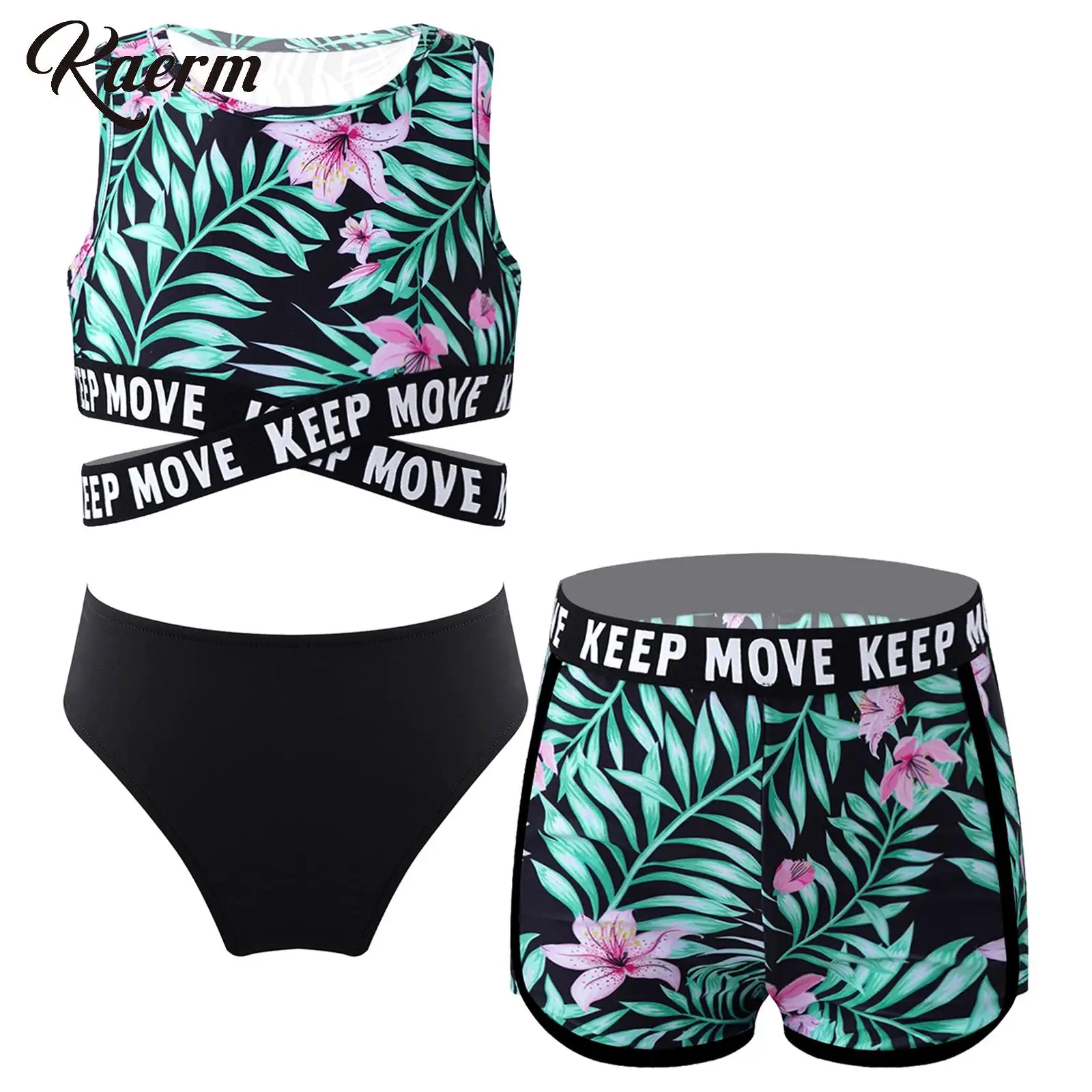 

3 Pcs Athletic Swimsuit for Girls Floral Sports Bra with Bikini Brief Swim Bottoms Surfing Rashguard Tankini Swimwear Dance Sets