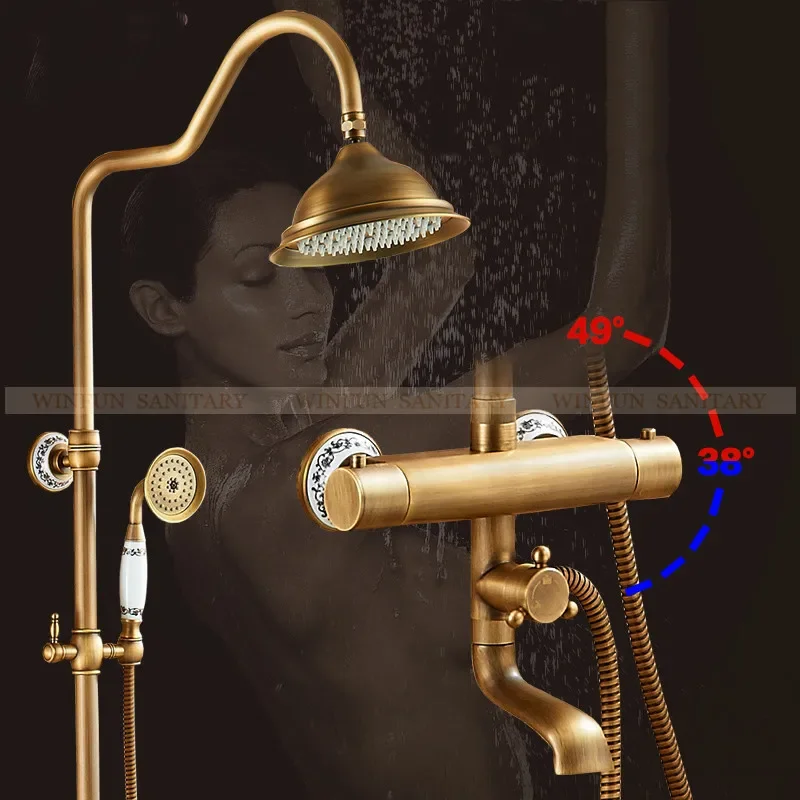 

Vidric Shower Faucets Wall Mounted Thermostatic Shower Mixer Tap Antique Brass Dual Handle With Slide Bar Shower For Bathroom