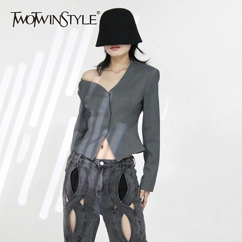 

TWOTWINSTYLE Solid Temperament Spliced Button Blazer For Women Diagonal Collar Long Sleeve Minimalist Blazers Female Fashion New