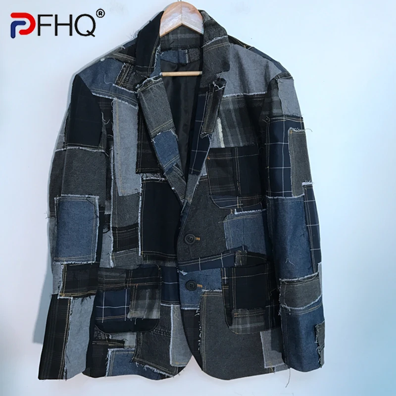 

PFHQ Autumn Men's Denim Plaid Raw Edge Stitching Blazers Patchwork Design Cool Motorcycle Creativity Casual Button Coat 21Z1406