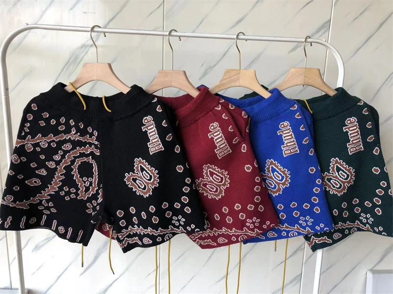 

New Fasion Vintage Full Cashew Jacquard Rhude Knitted Shorts Men Women Oversize Drawstring Breeches Kanye West