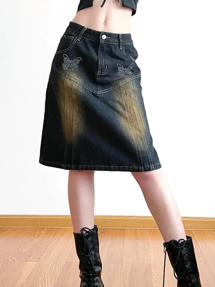 

HOUZHOU Trashy Y2k 2000s Jeans Skirt Women Vintage Knee-Length Distressed Butterfly Diamond Midi Denim Skirt Streetwear Gyaru