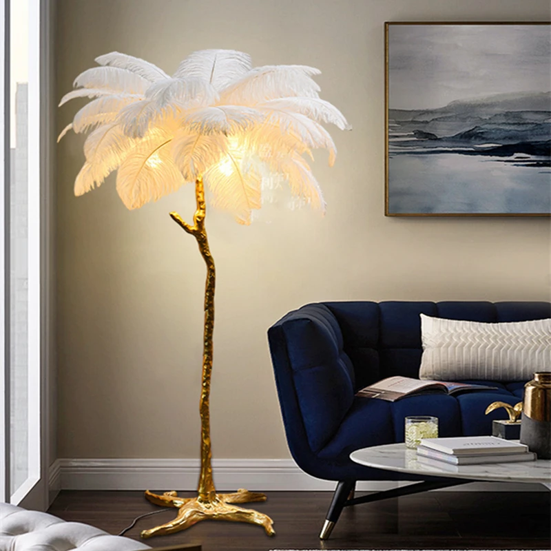 

Luxury Ostrich Feather Led Floor Lamp Modern Living Room Bedroom Home Decor Standing Lights Nordic Gold Resin Floor Lamps H170cm