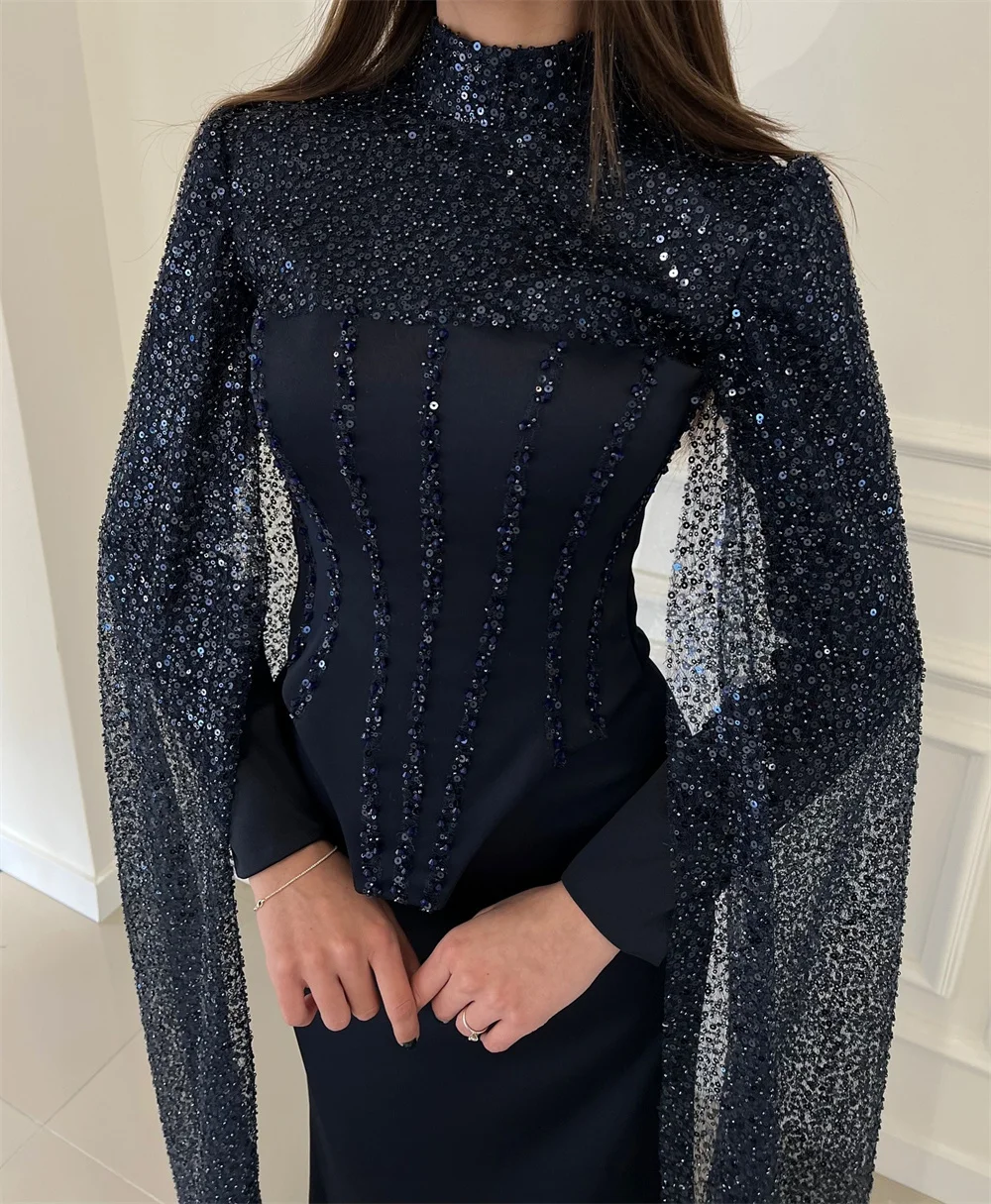 Sansa Navy Blue Sequin High Neck Prom Dresses Mermaid Customized فساتين سهرات Sweep Train Detachable Shawl Evening Dress 2025 7 S59b356346b7e4655b27dc4210f8c1da46