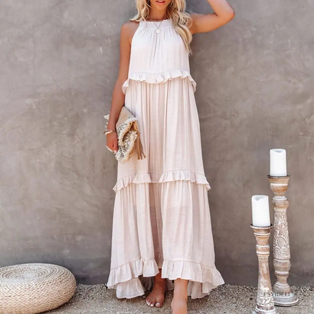 

Solid Color Dress Elegant Ruffle Off Shoulder Maxi Dress With Halter Neck Side Pockets Women's Vacation A-line Pleated Beach