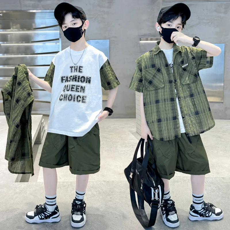 

teenager boys clothes short sets Plaid shirt+cotton t-shirt+Cargo shorts 3pcs 4-13 Casual kids suit childer outfits conjunto