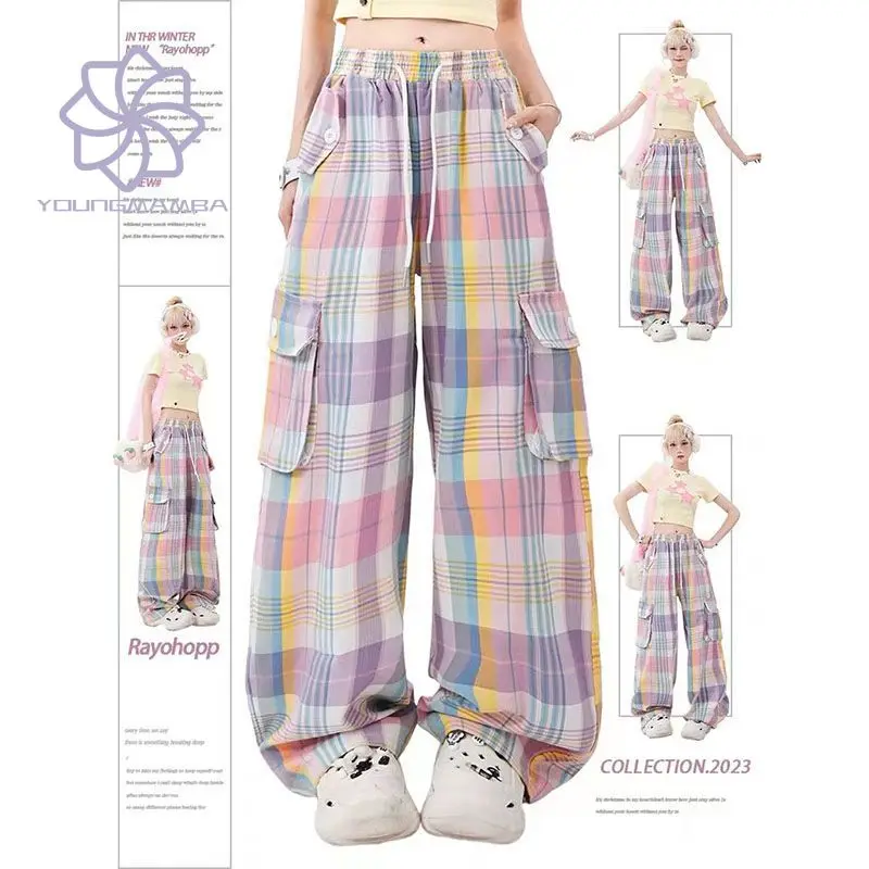 

Женские брюки-карго 2023, американские яркие клетчатые прямые брюки с несколькими карманами, трендовые женские комбинезоны с широкими штанинами