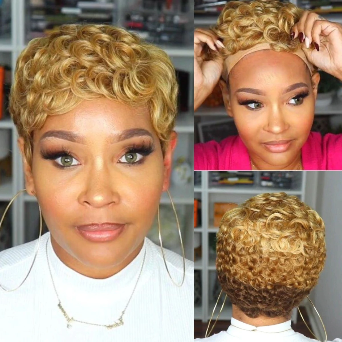 

Ombre Dark Brown Light Brown Honey Blonde Gold Synthetic Short Hairstyle Curly Pixie Cut Bob Wigs Machine Hair For Black Women