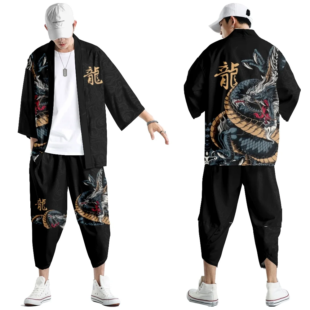 

Two-piece Suit Oversize 6XL Japanese Style Dragon Print Fashion Kimono And Pants Set Men Cardigan Blouse Haori Obi Asian Clothes