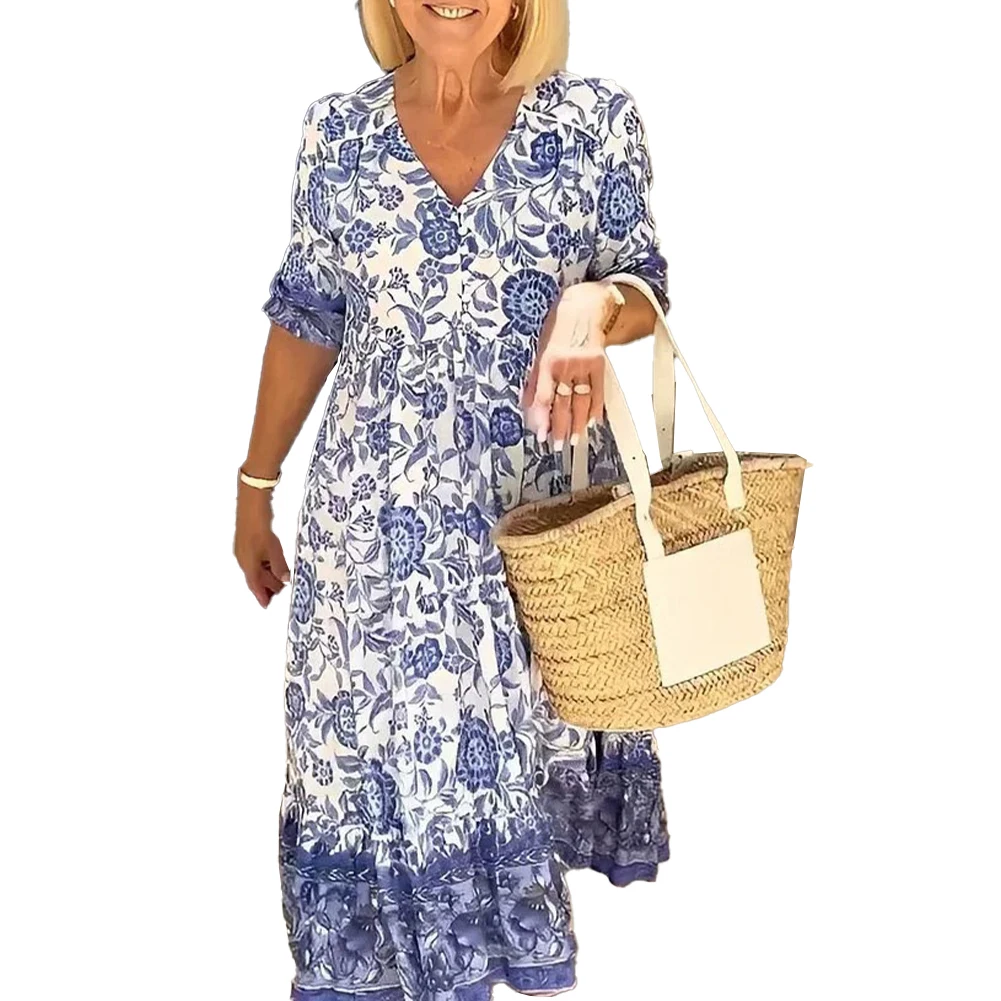 

Get Ready for Summer with this Stylish V Neck Floral Maxi Dress Ideal for Beach Parties and Holidays Plus Size Included