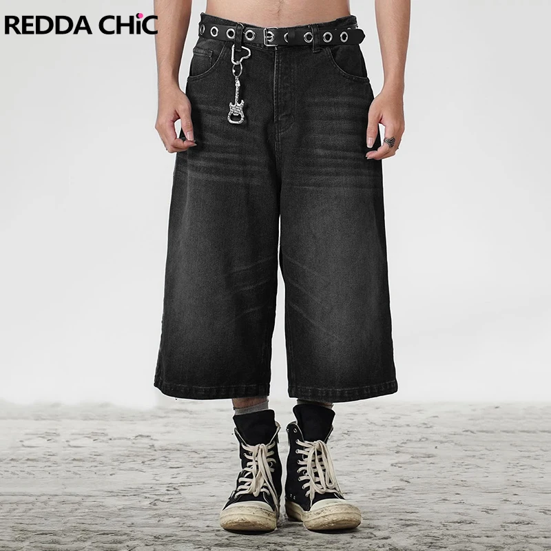 

REDDACHiC Grunge Y2k Whiskers Denim Shorts Women Men Friend Couple Black Baggy Jeans Jorts Low Rise Casual Wide Pants Streetwear