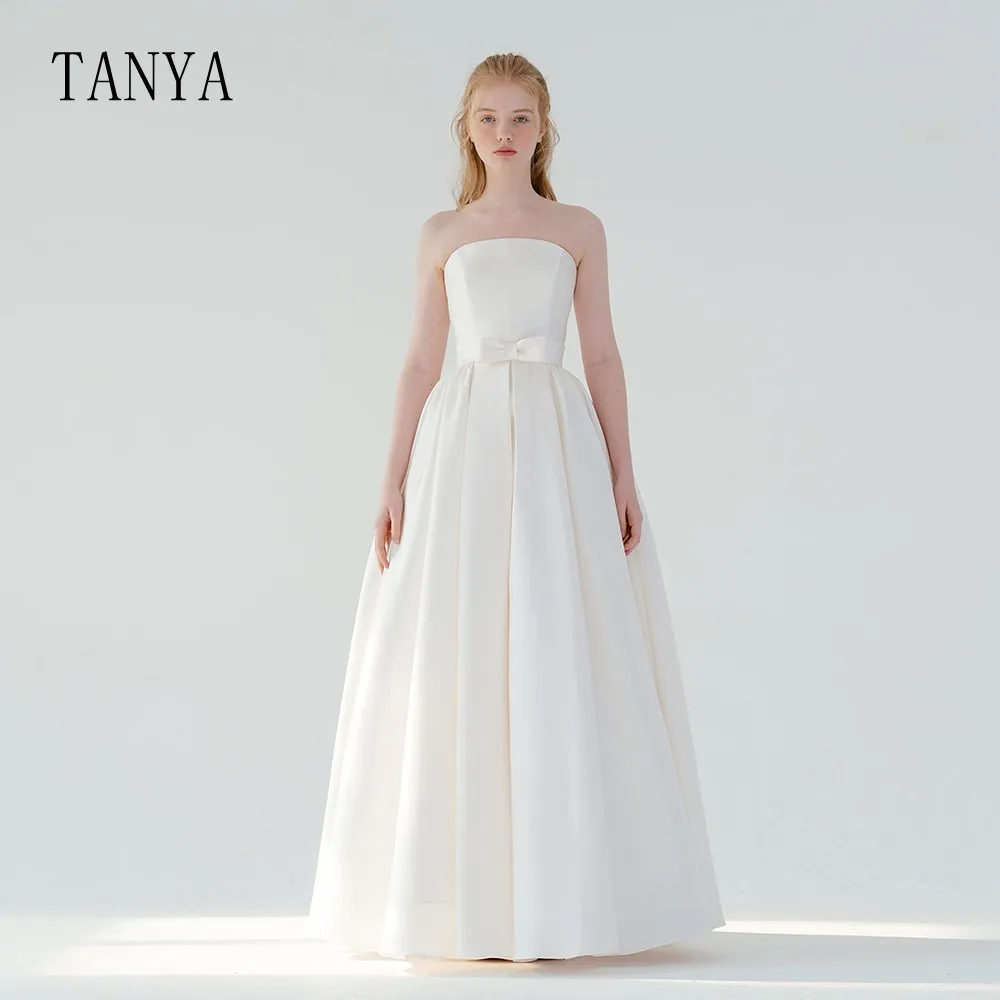 

Атласное свадебное платье-трапеция TANYA, с бантом, без бретелек, длиной в Пол, со шнуровкой сзади, без рукавов, простое свадебное платье на заказ, MadeTSWD132