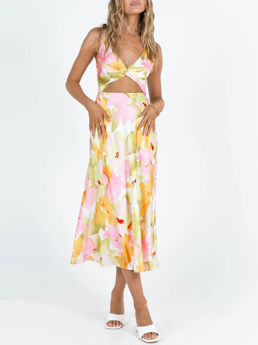 

Womens Summer Long Dress Ruffled Backless Sleeveless V Neck Twist Knot Front Cutout Floral Print Swing Cami Midi Dress Beachwear