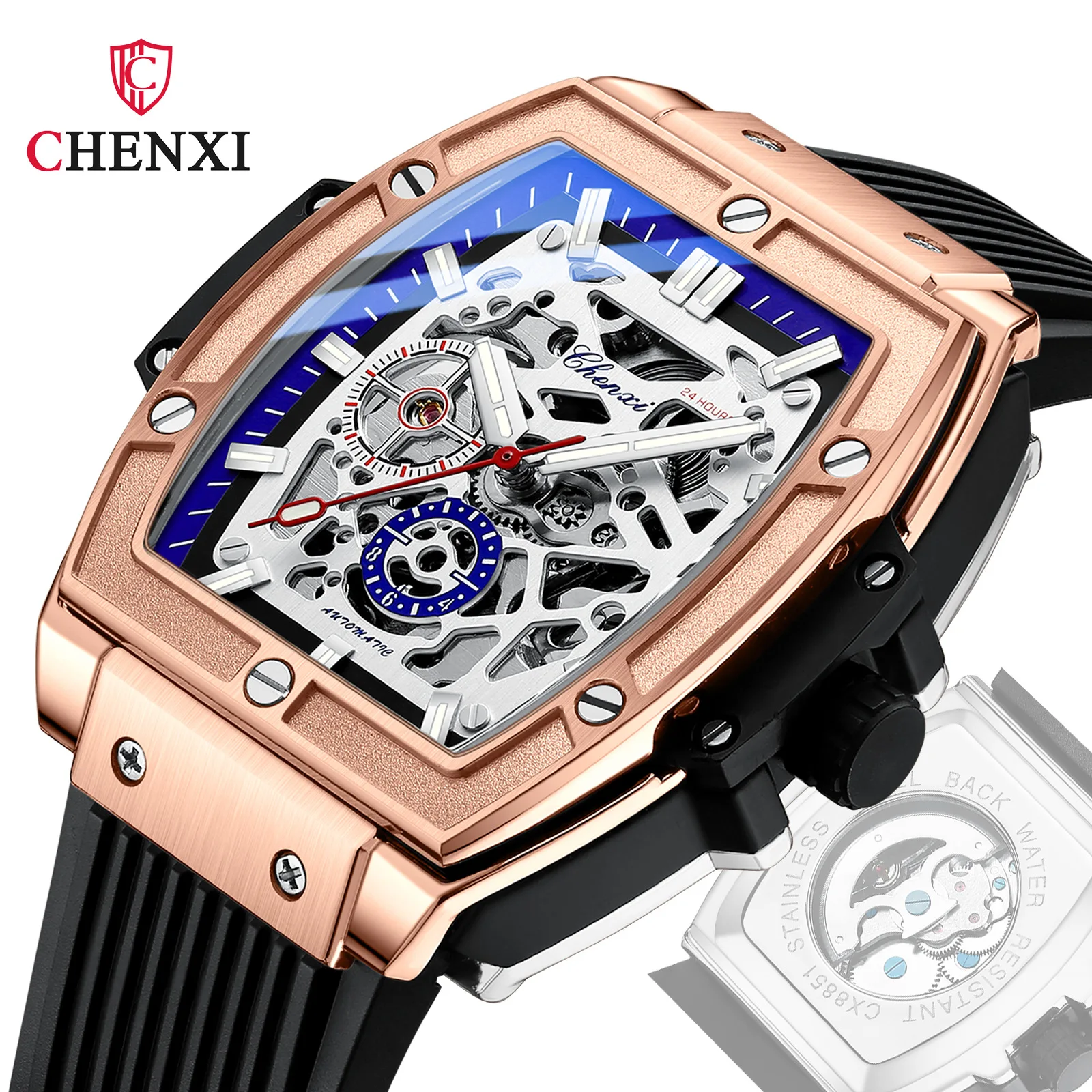 

CHENXI Barrel Square Automatic Mechanical Watch High grade Hollow Transparent Silicone Belt Waterproof Luminous Men's Watch