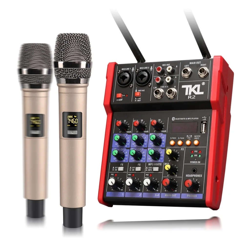 

New Audio Mixer UHF microphone Bluetooth Audio Mixer USB DJ Sound Mixing Console 4 Channel 48V Phantom Power